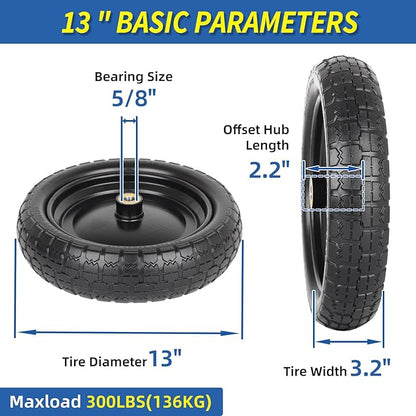 13" Flat-free Solid Tire and Wheel Replacement, with 5/8" Axle Bore Hole, 2.2" Offset Hub for Wheelbarrow Garden Wagon Trolley Dolly (4-pcs)