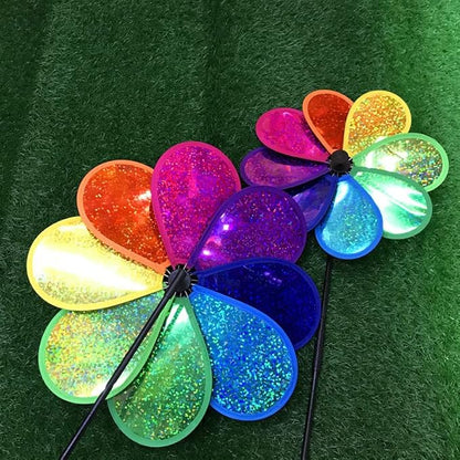 4PCS Flower Wind Spinner Sparkly Lawn Pinwheel 11.8 inch Colorful Rainbow Garden Windmill for Garden, Party, Outdoor, Yard Decor