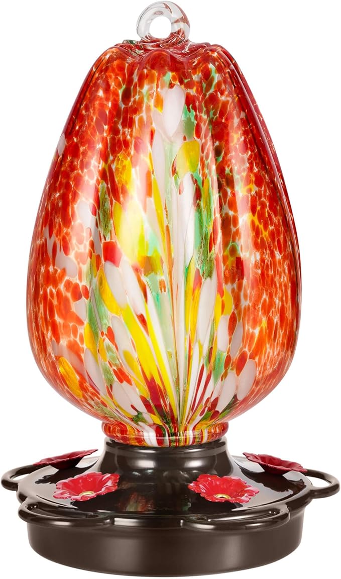 Tulip Shaped Hummingbird Feeder for Outdoors Hanging, Hand Blown Glass, 28 fl.oz, Leak Proof & Rustproof, Includes an Ant Moat, Metal Cover with 5 Feeding Ports, Red
