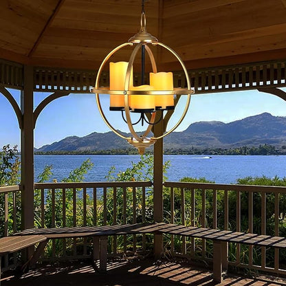 SUNNYPARK Battery Operated Outdoor Candle Chandelier - Gold and Black Metal Globe Hanging Pendant Light with 3 Flameless Candles, 12.6" Waterproof Lights for Gazebo, Pergola, Garden, Porch & Backyard