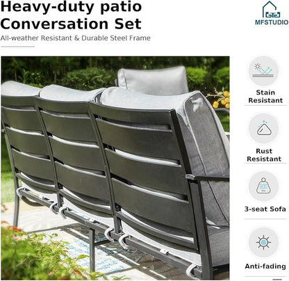 MFSTUDIO 4 Piece Patio Conversation Sets, All Weather Metal Frame Outdoor Furniture Set Patio Sofas with 1 x 45 Rectangular Fire Pit Table, 1 x 3-Seat Sofa, 2 x Sofa Chairs, Grey Cushion