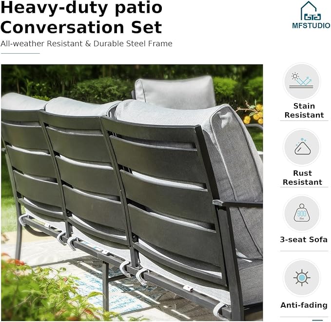 MFSTUDIO 6 Pieces Patio Furniture Sets with 45" Gas Fire Pit Table(Up to 7 Seat), Outdoor Metal Frame Patio Conversation Sofas with 1 x 3-Seat Sofa, 2 Rocking Chairs and 2 Ottoman, Grey Cushion