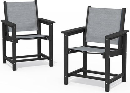 SERWALL Textilene Outdoor Dining Chair Set of 2, HDPE Frame with Textile Chair Seat, Holds up to 300 LBS, All Weather Chairs for Lawn, Garden, Yard and Poolside, Black