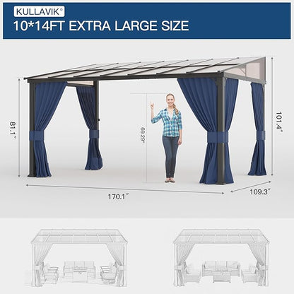 Kullavik 10' × 14' Hardtop Gazebo for Patio,Wall-Mounted Lean to Gazebo Pergola with Sloping Roof and Durable Aluminum Frame,Large Heavy Duty Awnings for Decks,Backyard,NavyBlue
