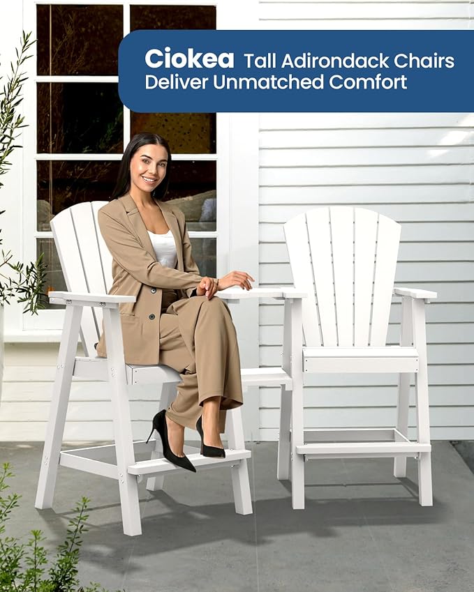 Ciokea Tall Adirondack Chairs Set of 4, HDPE Outdoor Adirondack Bar Stools with Double Connecting Tray, Weather Resistant High Back Adirondack Balcony Chairs for Deck, Lawn, Pool, Backyard, White