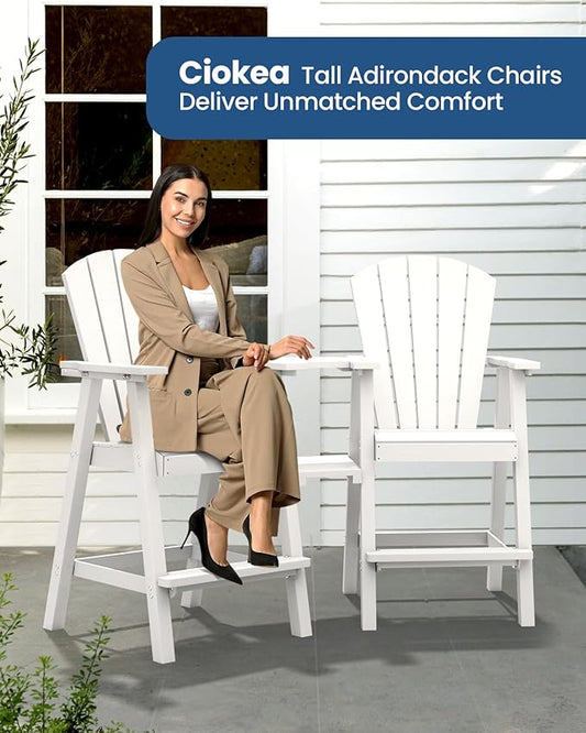 Ciokea Tall Adirondack Chairs Set of 4, HDPE Outdoor Adirondack Bar Stools with Double Connecting Tray, Weather Resistant High Back Adirondack Balcony Chairs for Deck, Lawn, Pool, Backyard, White
