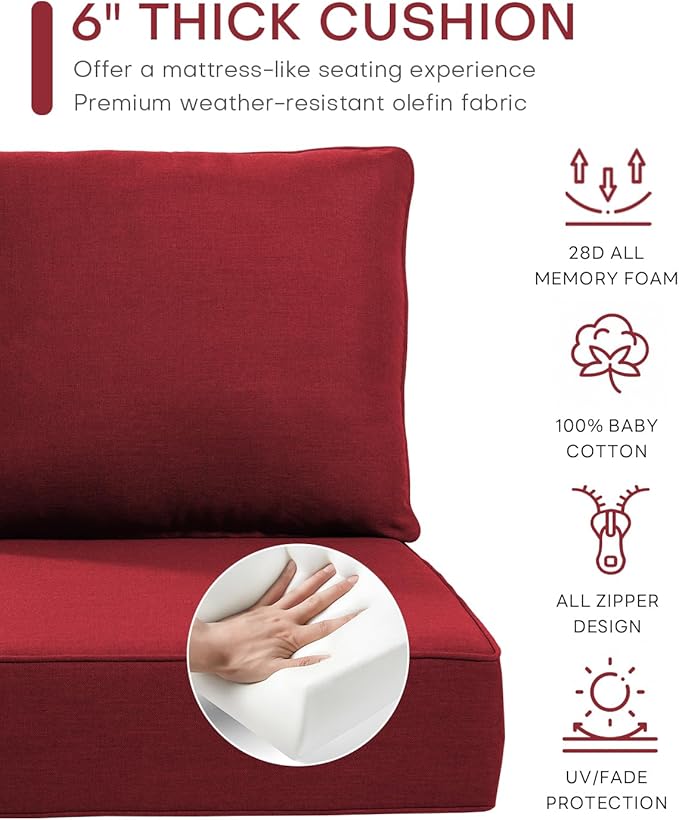 Luxury 24x24x6 Inch Outdoor Deep Seat Cushions Set of 6 - Comfortable Patio Zipper Chair Cushion for Outside Sets Wicker Dining Rocking Swivel Chairs Loveseat Couch Sectional Sofa - Red