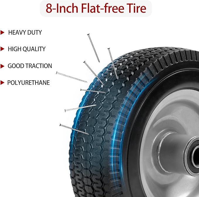 8-Inch Solid Tire Replacement - 2.50-4"Flat Free Tire and Wheel Heavy-Duty for Gorilla Carts, Yard Tractors, Wagons - Replacement Tires with 5/8" Bearings & 2.25" Offset Hub(2 Pack)