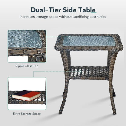 7 Piece Patio Furniture Set with Fire Pit Table - Wicker Patio Conversation Set with Swivel Glider, Glider Loveseat, Side Table and 2 Ottomans for Deck Backyard - Brown Wicker Blue Cushion