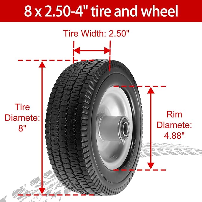 8-Inch Solid Tire Replacement - 2.50-4"Flat Free Tire and Wheel Heavy-Duty for Gorilla Carts, Yard Tractors, Wagons - Replacement Tires with 5/8" Bearings & 2.25" Offset Hub(2 Pack)