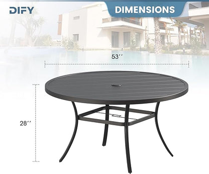 DIFY Patio Round Dining Table, 53" All Weather Round Outdoor Table with 1.57" Umbrella Hole for 8 Person, Perfect for Yard, Balcony and Lawn, Black Tabletop