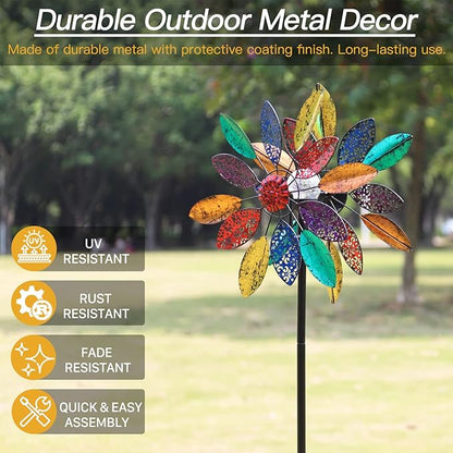 Solar Garden Wind Spinners with Light, Metal Yard Wind Spinners with Stake for Outdoor Lawn Decor (20" W x 77" H)