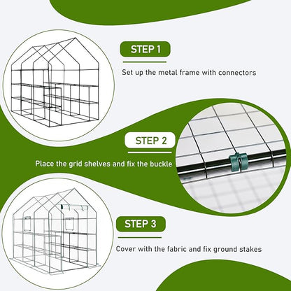 Outvita Walk-in Greenhouse, Outdoor Durable PE Plant Green House for Frost Protection with 3 Tiers 12 Shelves, Shelf Clips, Roll-up Zipper Door, 56"x85"x77" White