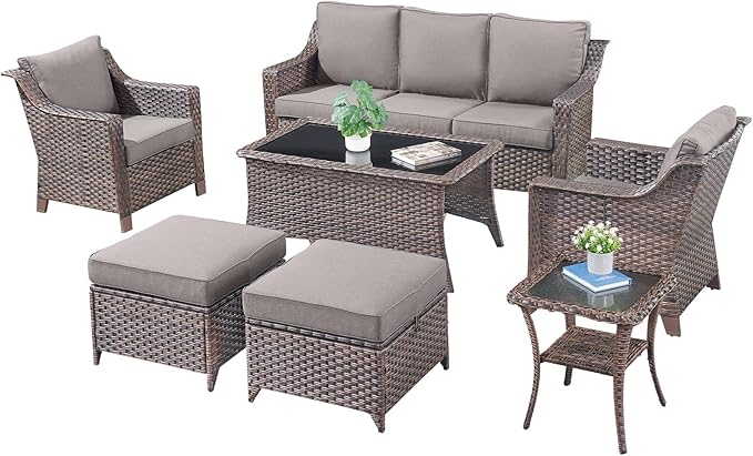 Patio Furniture Set-7 Pieces Outdoor All-Weather Wicker Conversation Set Outdoor Rattan Sofa Couch with Patio Chairs Ottomans for Porch Garden Backyard Poolside-Brown/Grey