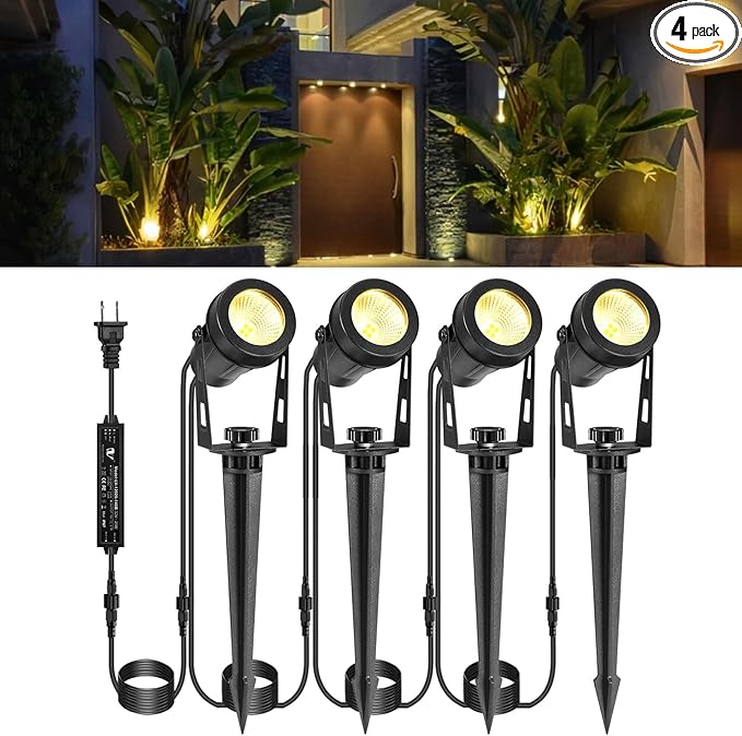 Low Voltage Landscape Lights 4 Pack, 49ft Cable Spotlight Outdoor with 12V Transformer, IP65 Waterproof Plug in Spot Lights 2700K Warm White for Yard, Plant, Lawn, Tree, Flags, Garden