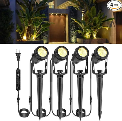 Low Voltage Landscape Lights 4 Pack, 49ft Cable Spotlight Outdoor with 12V Transformer, IP65 Waterproof Plug in Spot Lights 2700K Warm White for Yard, Plant, Lawn, Tree, Flags, Garden