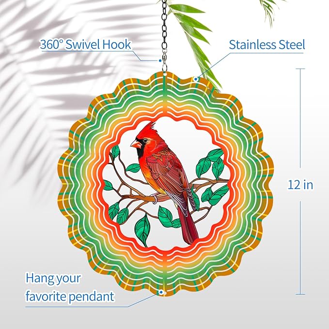 Cardinal Wind Spinners Garden Decor as Birthday Gifts for Women Mom,12 inch 3D Stainless Steel Hanging Wind Spinner Metal Catchers Kinetic Sculpture for Outdoor Decor, Patio,Yard Decorations