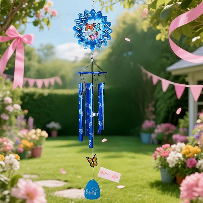 33inch Butterfly Wind Chimes Outdoor | Deep Tone Sympathy Memorial Wind Chime with 3D Spinner, Hanging Garden Decor, Butterfly Gift for Women/Mom/Grandma