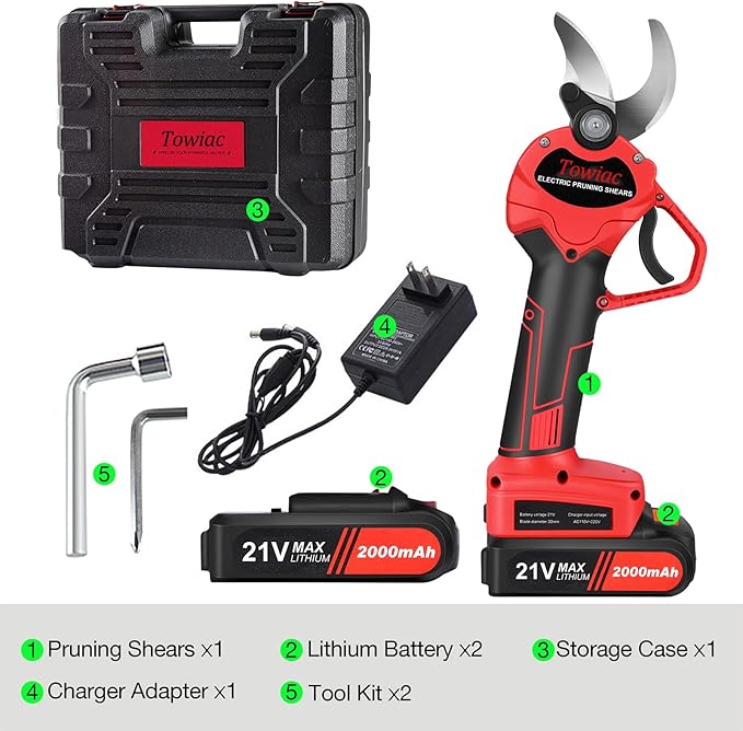 Electric Pruning Shears，Professional Cordless Tree Branch Pruner with 2PCS Lithium Battery and Matching Tools，30mm (1.2″) Cutting Diameter