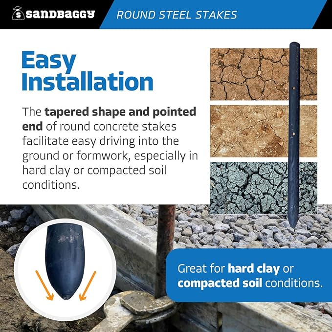 Sandbaggy Round Steel Concrete Form Stakes with Nail Holes - Rust Resistant Coating - Removable, Reusable (5, 3/4 in X 12 in)