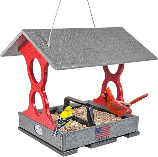 JCS Wildlife Medium Poly Fly-Thru Bird Feeder w/Removable Seed Tray - Holds 4 Cups of Bird Seed to Attract Cardinals, Chickadees, and More Backyard Birds (Gray and Red)