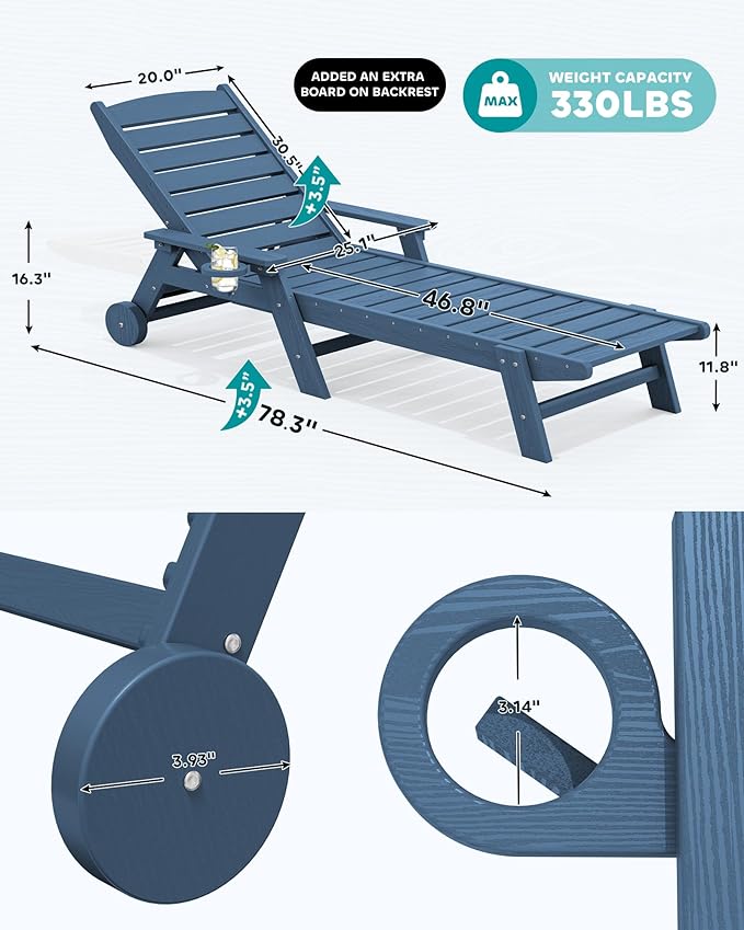 SERWALL Patio Chaise Lounge Chair Set of 2, 78'' Long 5-Positions Adjustable HDPE Outdoor Lounger for Pool, Poly Lounge Chair with Rolling Wheels & Cup Holder for Poolside, Deck, Blue