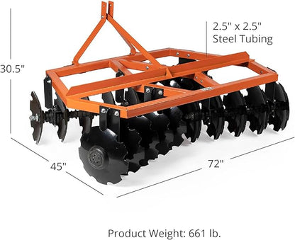 Titan Attachments 3 Point 6ft Notched Disc Harrow Plow Attachment for Cat 1 Tractors, Concave Discs for Tilling, Loosening and Lifting Soil