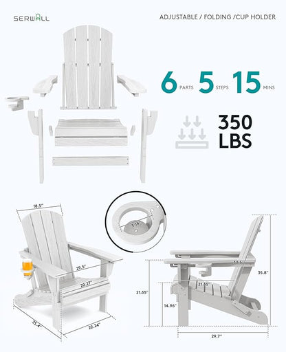 SERWALL Folding Adirondack Chair Set of 6, Reclining Adirondack Chair with 3 Recline Positions, All Weather HDPE Outdoor Adirondack, White