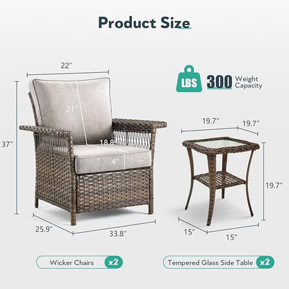 Wicker Outdoor Chairs Set - 3 Pieces Hollow Widen Armrests Patio Furniture Set with Side Table, Comfortable High Back Rattan Chairs for Balcony Porch Deck and Yard - Brown/Beige