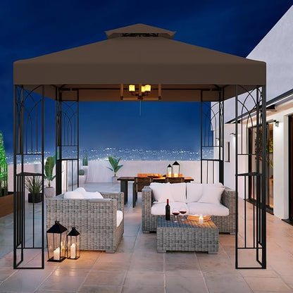 COOS BAY 8x8 Outdoor Patio Gazebo with Corner Shelves, Two-Tier Soft Top Canopy for Backyard, Lawn, Deck and Garden, Brown