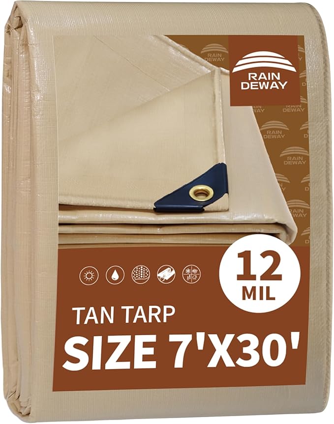 RAINDEWAY 7x30 Feet Heavy Duty Tarp,12 Mil Tan Waterproof Poly Tarp Cover,UV Resistant,Weatherproof,Durable,Multipurpose Tarps with Grommets and Reinforced Edges
