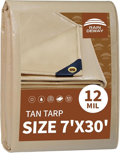 RAINDEWAY 7x30 Feet Heavy Duty Tarp,12 Mil Tan Waterproof Poly Tarp Cover,UV Resistant,Weatherproof,Durable,Multipurpose Tarps with Grommets and Reinforced Edges