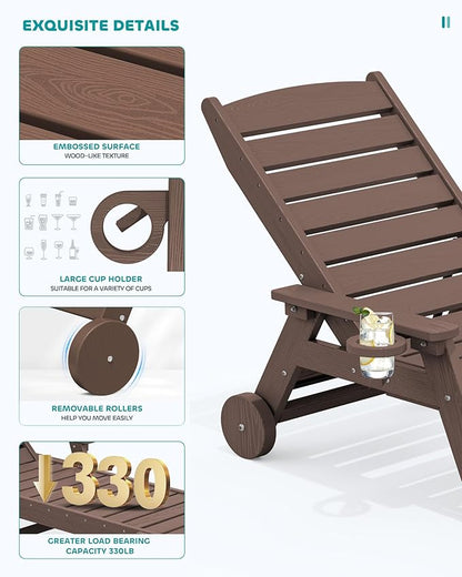 SERWALL Patio Chaise Lounge Chair Set of 2, 78'' Long 5-Positions Adjustable HDPE Outdoor Lounge Chair for Pool, Poly Lounge Chair with Rolling Wheels & Cup Holder for Poolside, Deck, Coffee Brown