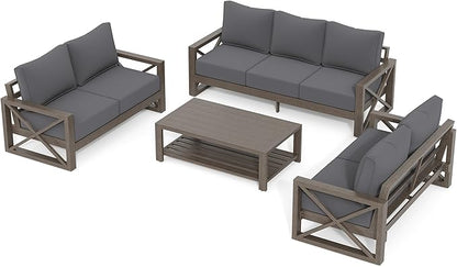 UDPATIO 4 Piece Faux Wood Aluminum Patio Furniture Set 7 Seats Modern Outdoor Furniture Patio Conversation Sets with Coffee Table for Balcony, Backyard, 600D Waterproof Cover Included, Dark Grey