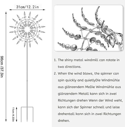 2Pcs Unique Fantasy Metal Windmill, 3D Wind Powered Kinetic Sculpture, Dual-Tiered Opposite-Directional Rotation, Stainless Steel Wind Spinners, Silver