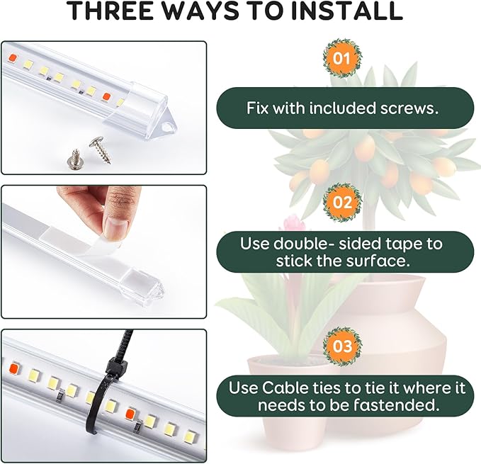 Tri-Bars Grow Light Strips for Indoor Plants with Auto ON/Off Timer 6/12/18H, 5 Dimmable Levels for Shelves Plant Growing(Pack 2)