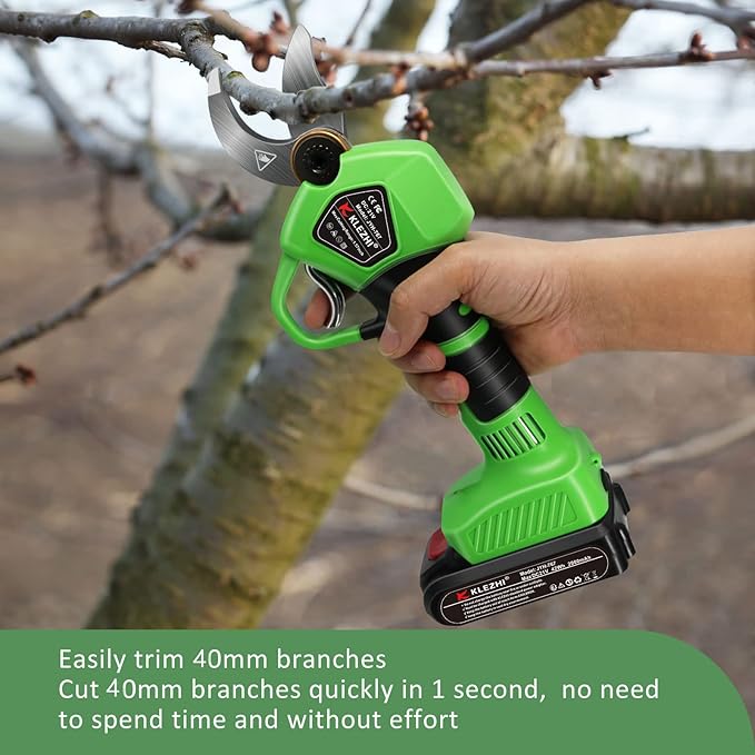 Cordless Electric Pruning Shears Battery Powered Tree Branch Pruner Cut Capacity of 40mm / 1.58inches, 2 x 2 Ah Lithium Rechargeable Battery 6-8 Working Hours Green