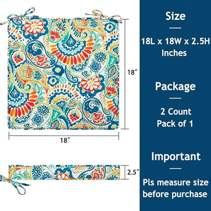 Magpie Fabrics Square Corner Seat Cushion, 18" x 18" x 2.5", 2 Pack, Indoor/Outdoor Waterproof Weather Resistant Universal Chair Pads for Patio Garden Dining - Paisley Multi