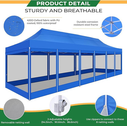 COBIZI 10x30 Heavy Duty Pop Up Canopy with 8 Mosquito Netting Wall, Easy Set Up Commercial Gazebo Party Tent, Outdoor Instant Screen Canopy for Backyard, Patio, Garden, Dark Blue