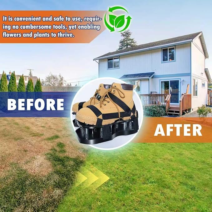 Lawn Aerator Shoes for Grass, Double Layer with Spiked Bottom and Spring Base, Soil Yard Aerator Tool for Aerating Patio Garden with Adjustable Strap, Black