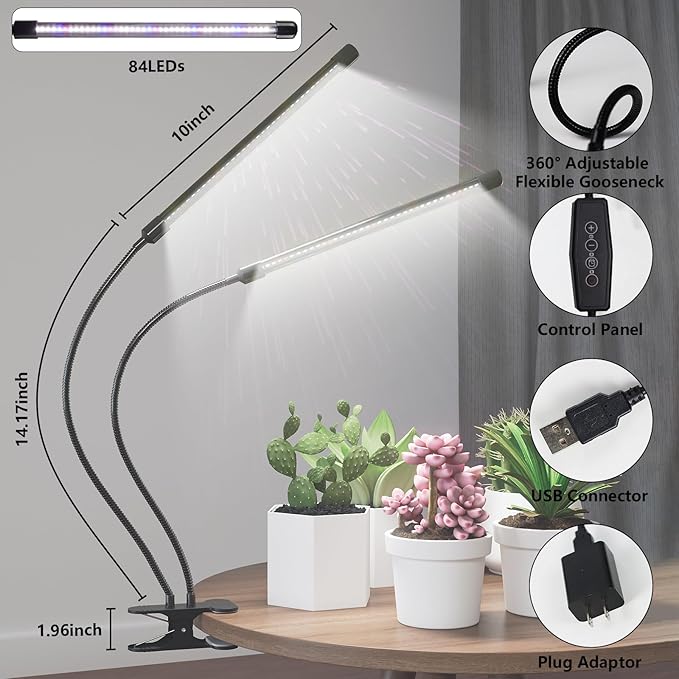 Grow Light, 6500K Full Spectrum White Red Blue 84 LED Plant Lamp Clip-on Desk for Indoor Plants Growing, 5 Dimmable Levels & Timer Setting 4/8/12H