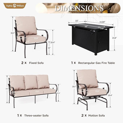 Sophia & William 6 Piece Patio Furniture Set with Fire Pit, Outdoor Conversation Sets 7 Seat Clearance with 45" Gas Fire Pit Table x 1, 3-seat Sofa x 1, Rocking Chair x 2,Cushioned Chair x 2, Beige