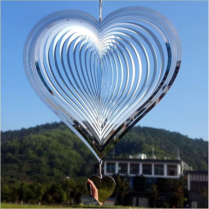 DJUAN Stainless Steel Reflective Wind Spinners Outdoor Garden Decor,Sparkly Wind Spinner Bird Devices Deterrent to Scare Birds Away from Yard Patio Farm,Metal Heart Wind Spinners Gifts for Mom, Women