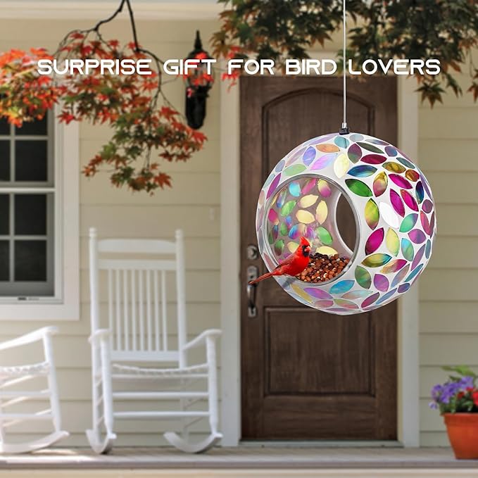 Yinns Bird Feeder - Mosaic Glass Birds Feeder Outside Hanging, Fly Through Bird Feeder with Oval Stained Glass, Outdoor Garden Decor, 6.5 inch Colorful