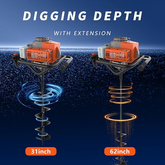 72cc 2-Stroke Auger Post Hole Digger with 2 Extension Rods & 6" & 8" Auger Bits - Gas Powered Earth Auger for Fencing, Gardening, Construction - Heavy Duty Digging Machine (72cc+2 Auger Bit(6"8"))