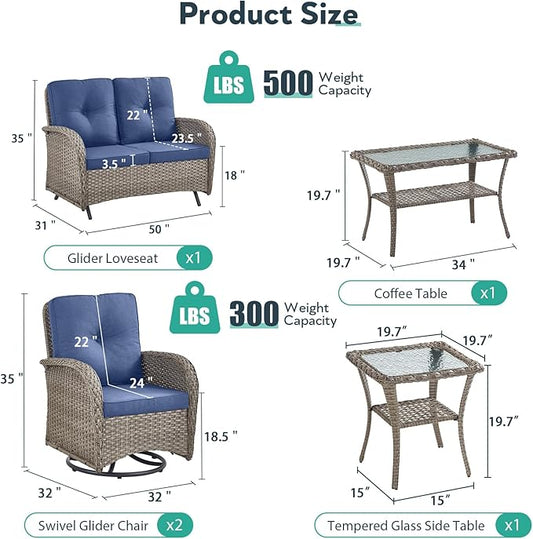 5 Piece Patio Furniture Set - Wicker Patio Conversation Set with Swivel Glider, Glider Loveseat, Tempered Glass Side Table and Coffee Table for Deck Backyard - Grey Wicker Blue Cushion