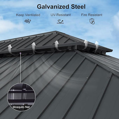 PURPLE LEAF 14' X 24' Outdoor Hardtop Gazebo Aluminum Pavilion with Galvanized Steel Double Roof for Garden Patio Lawns Permanent Gazebo with Curtains and Nettings Grey
