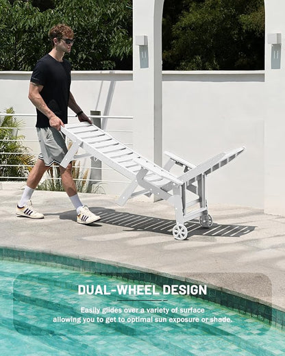 Lounge Chair Outdoor, Chaise Lounge Outdoor, HDPE 6-Position Lounge Chair for Outside, Patio Lounge Chair with Wheels & Cup Holder for Pool Poolside Deck Backyard, White