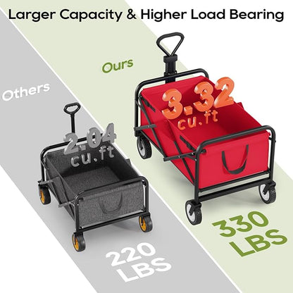 Collapsible Wagon Folding Wagon Garden Cart with Large Capacity, Portable Utility Wagon Cart Heavy Duty for Beach Camping Shopping Garden, Red