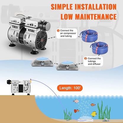 VEVOR Pond Aerator, 550W Power, 5.2CFM for Up to 3 Acre 50' Lake, Includes 3/4 HP Compressor & 2 100' Weighted Tubings & 2 Diffusers, Air Compressor for Deep Water Oxygen Circulation